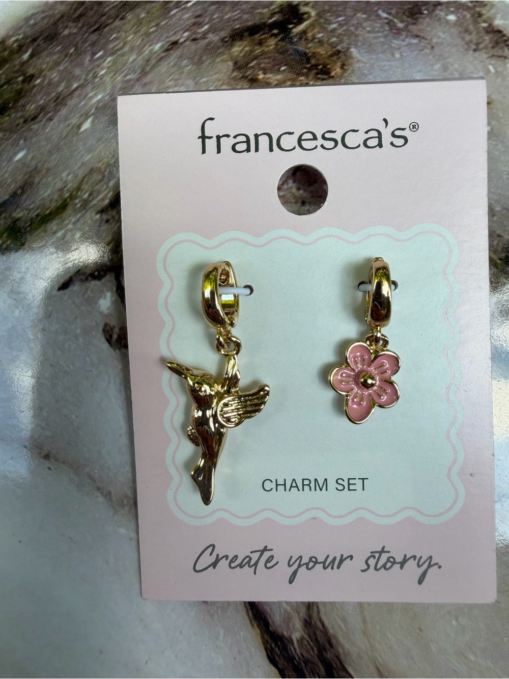 Francesca's Collections Gold Hummingbird and Pink Flower Charm Set